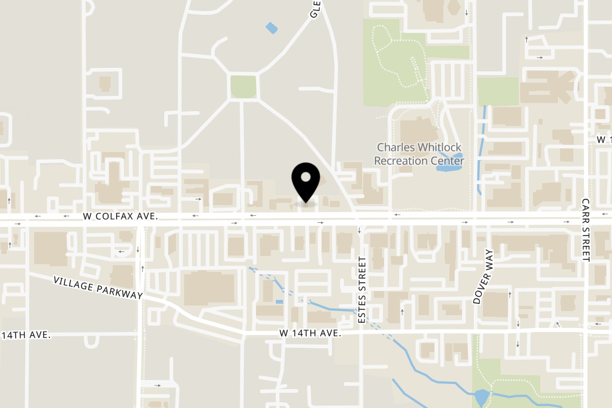 Map showing the location of Chili Shack Lakewood on 8809 West Colfax Avenue in Denver